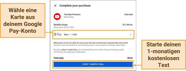 Screenshot des kostenlosen Testangebots für die YouTube Premium Google Pay-Kreditkartenoption (USA)