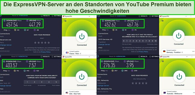Screenshot der Geschwindigkeitstestergebnisse von ExpressVPN bei Verbindung mit Servern an Standorten, an denen YouTube Premium verfügbar ist