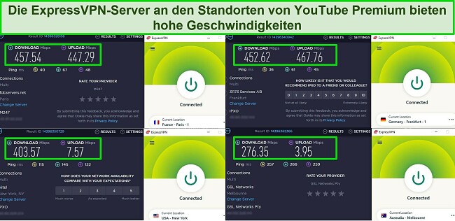 Screenshot der Geschwindigkeitstestergebnisse von ExpressVPN bei Verbindung mit Servern an Standorten, an denen YouTube Premium verfügbar ist