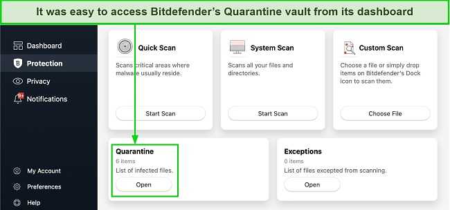 Screenshot of how to access Bitdefender's Quarantine vault