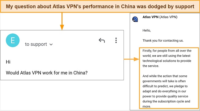 Screenshot of my interaction with Atlas VPN customer support regarding China