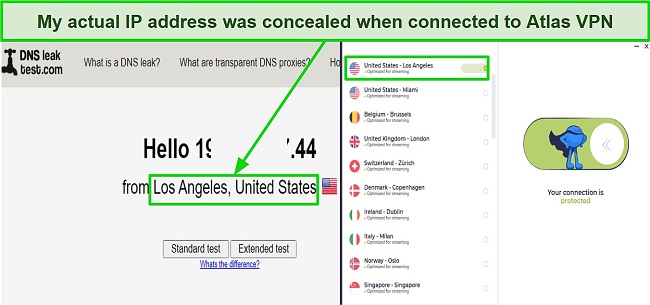 Screenshot showing No IP address Leaks when connected to Atlas VPN servers