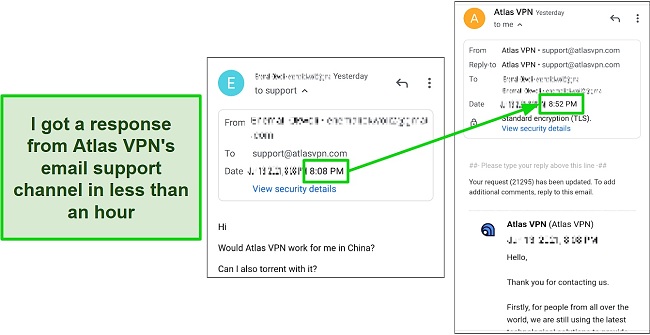 Screenshot of my email exchange with Atlas VPN customer support