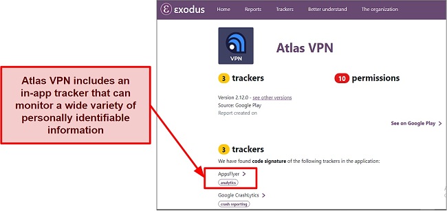 Screenshot showing that Atlas VPN has trackers installed on its apps