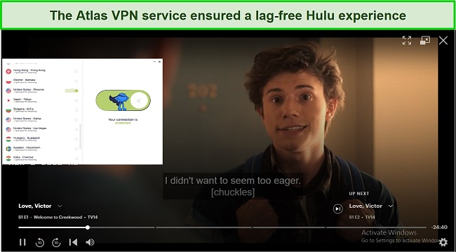 Screenshot of Atlas VPN unblocking Hulu