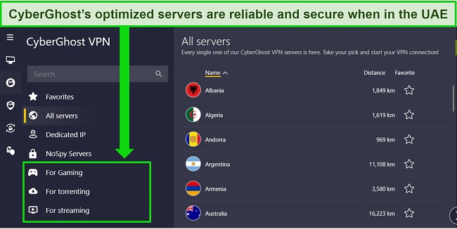  Screenshot of CyberGhost's Windows app highlighting the optimized servers.