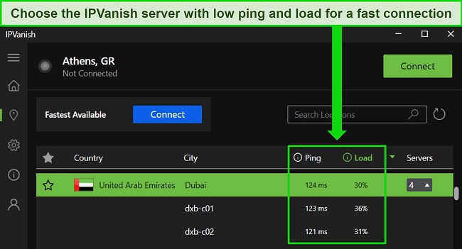 Screenshot of IPVanish's Windows app, highlighting the ping and user load details for UAE Dubai server connections.