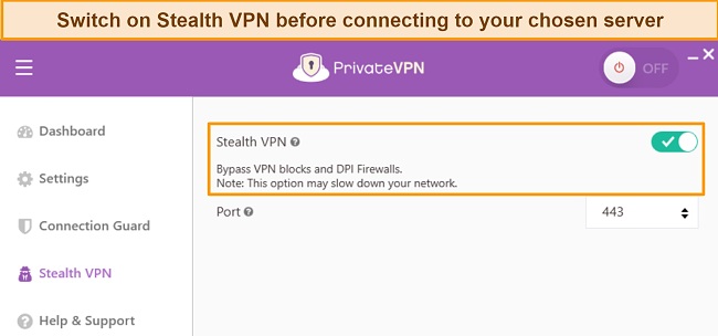 Screenshot of PrivateVPN's Windows app, highlighting the Stealth VPN feature.