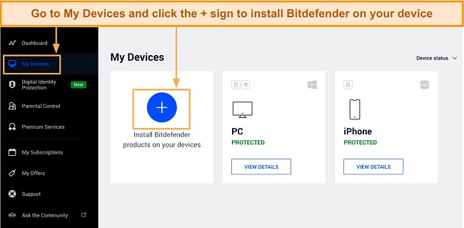 Screenshot of how to add a device on Bitdefender's central login dashboard under My Devices section
