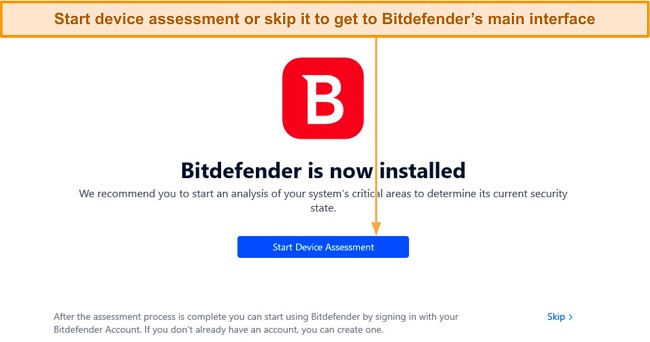 Screenshot of Bitdefender's Start Device Assessment button after installation is complete