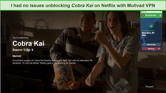 Screenshot of Mullvad VPN unblocking Cobra Kai on Netflix