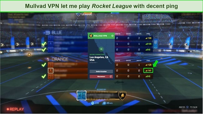 Screenshot of Rocket League gameplay while connected to Mullvad VPN
