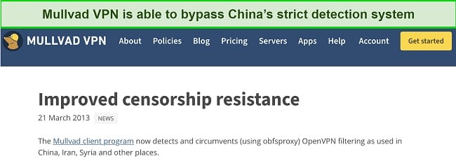 screenshot showing a blog post by Mullvad VPN that states how it can bypass China's detection system