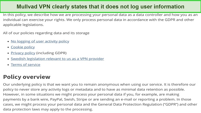 Screenshot showing Mullvad VPN's no-logs policy