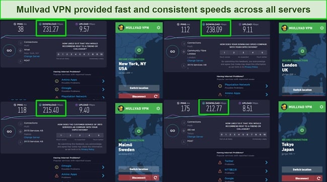 Screenshot of multiple speed test results while connected to Mullvad VPN