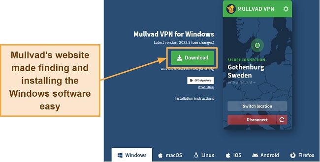 Screenshot of a download page for Mullvad VPN