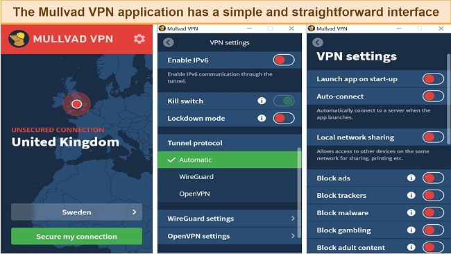 Screenshot of the Mullvad VPN application interface menus