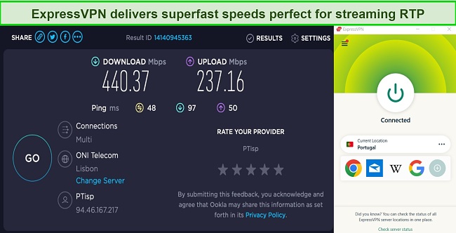 Screenshot of ExpressVPNs superfast speeds while connected to its Portugal server