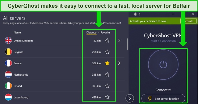 CyberGhost's Windows app, highlighting the server distances and 1-click automatic connection options.