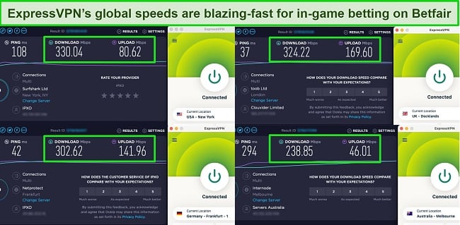 Ookla speed test results with ExpressVPN connected to servers in the US, UK, Germany, and Australia.