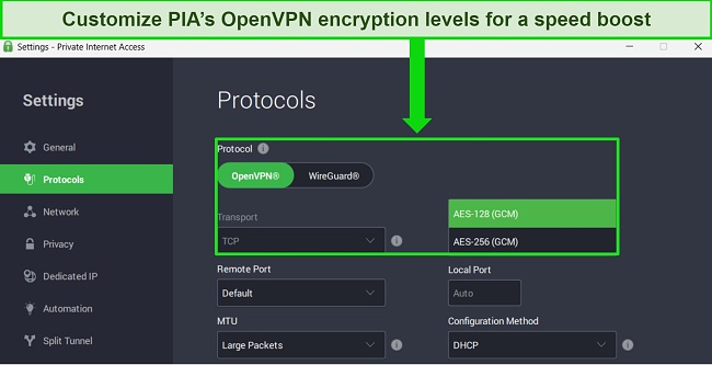 PIA's Windows app showing the OpenVPN protocol customization settings.