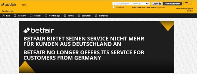 Image from Betfair Germany's website stating the service is no longer offered there.
