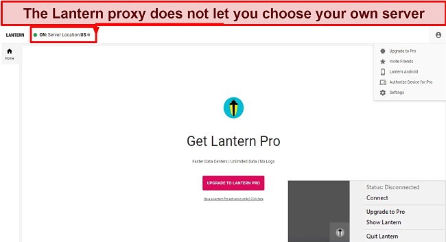 Screenshot of Lantern's interface showing that it is connected to a US server