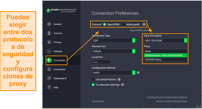 Captura de pantalla de la configuración de conexión de PIA en Windows.