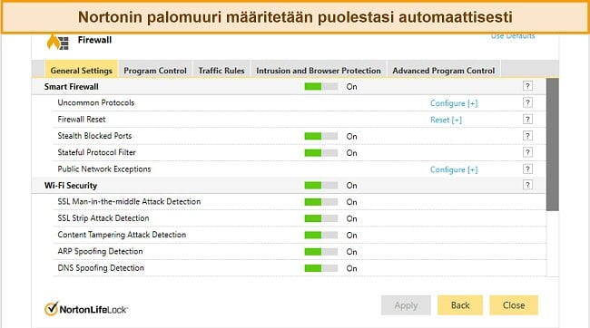 Kuvakaappaus Nortonin palomuuriasetusten välilehdestä
