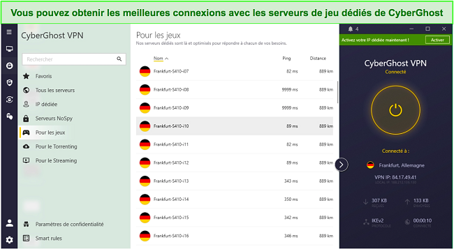 Capture d'écran de l'application Windows de CyberGhost mettant en évidence ses serveurs de jeu optimisés.