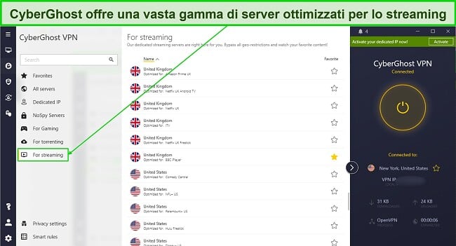 Screenshot dell'elenco dei server ottimizzati per lo streaming di CyberGhost