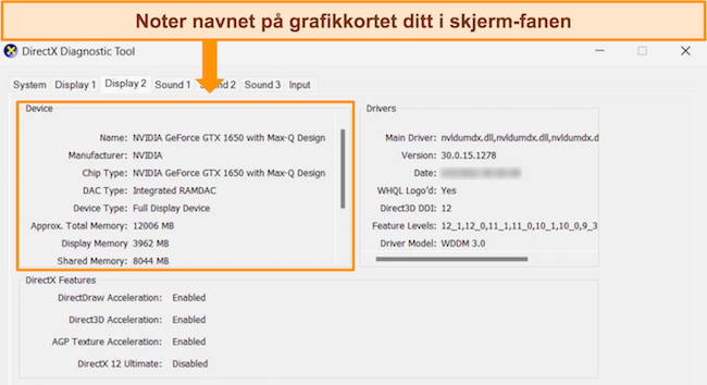 Skjermbilde av DirectX-diagnoseverktøyet, fremhever fanen Display som viser detaljer om grafikkortet.