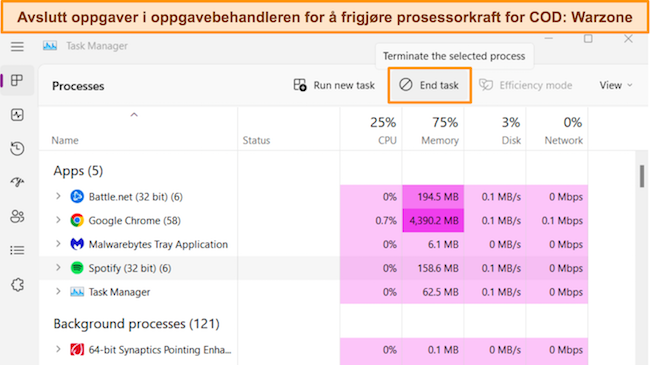 Skjermbilde av Windows Task Manager som fremhever alternativet 