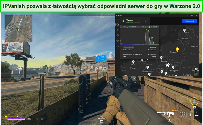 Zrzut ekranu przedstawiający połączenie IPVanish z polskim serwerem podczas gry w Warzone 2.0