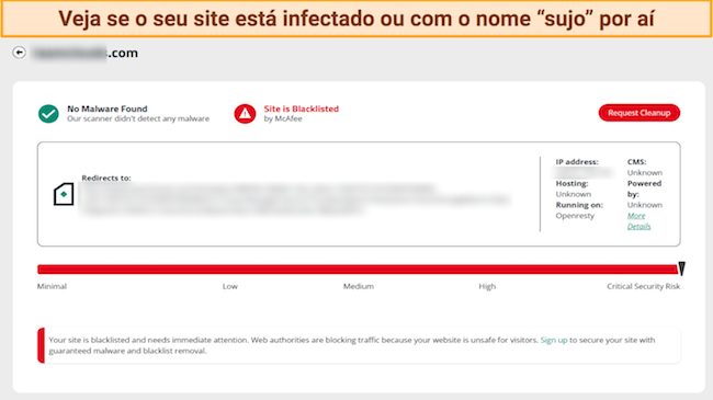 Captura de tela dos resultados da varredura do site da Sucuri