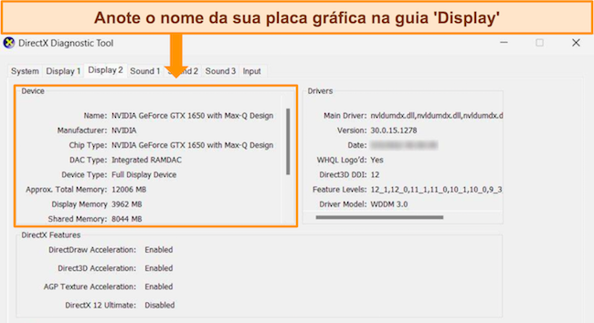 Captura de tela da ferramenta DirectX Diagnostic, destacando a guia Exibir que mostra os detalhes da placa gráfica.
