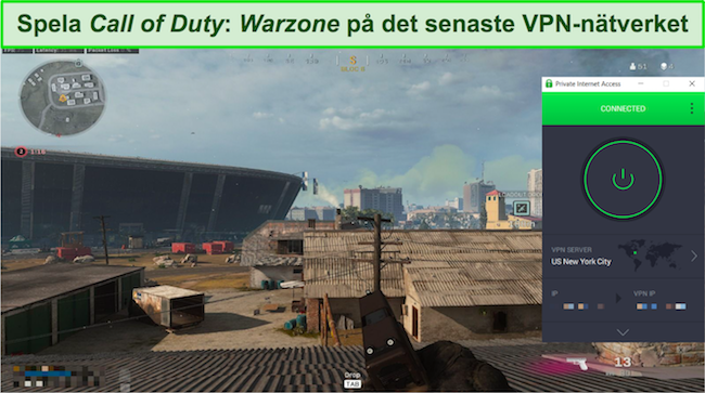 Skärmdump av CoD Warzone med PIA:s stora servernätverk