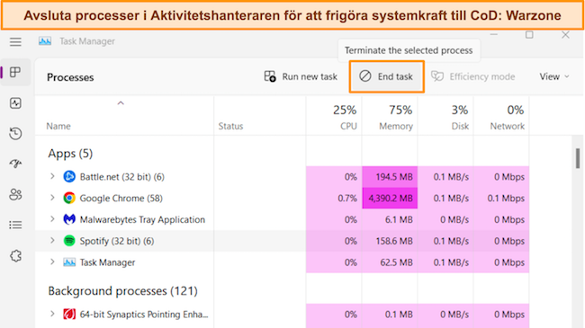 Skärmdump av Windows Task Manager som markerar alternativet 