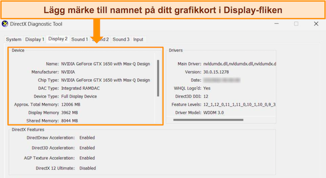 Skärmdump av DirectX diagnostikverktyg, som markerar fliken Display som visar detaljer om grafikkortet.