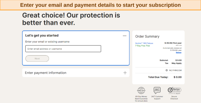 Screenshot showing how to subscribe to Norton after choosing a plan