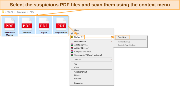 Screenshot showing how to scan PDF files with Norton using the context menu