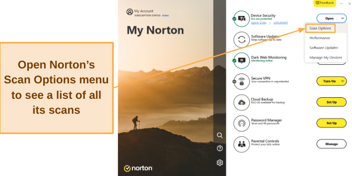 Screenshot showing how to access Norton's scan options