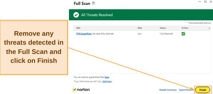 Screenshot showing Norton's results after completing a full scan