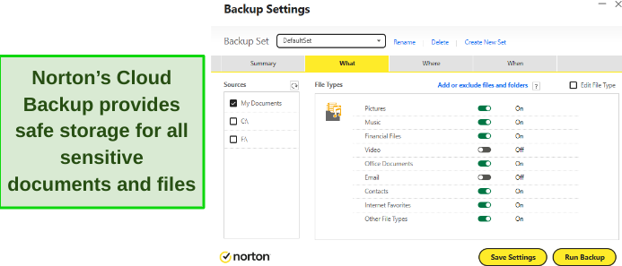 Screenshot showing Norton's cloud storage settings