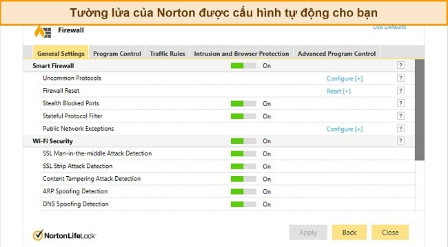 Ảnh chụp màn hình tab cài đặt Tường lửa của Norton