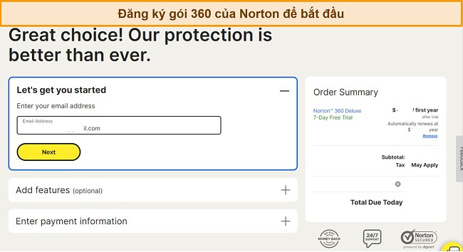 Ảnh chụp màn hình trang đăng ký của Norton