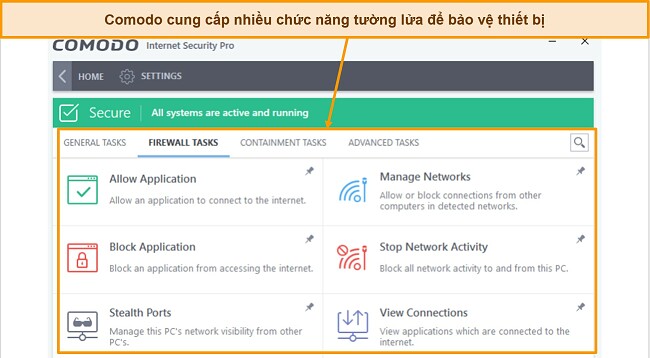 Ảnh chụp màn hình tab tác vụ tường lửa Comodo