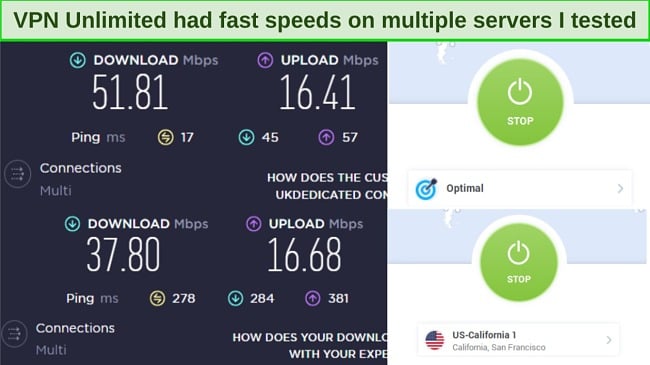 Screenshot of VPN Unlimited speed tests on servers in the US and UK