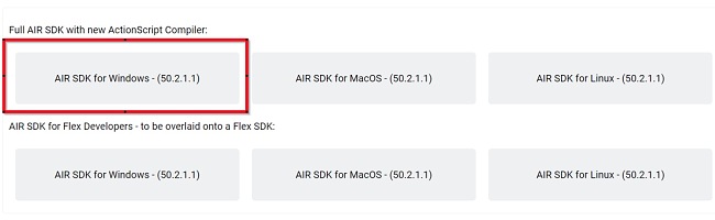 Captura de pantalla de descarga del SDK de Adobe Air