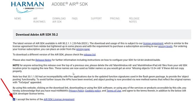 Captura de tela do ToC do Adobe Air